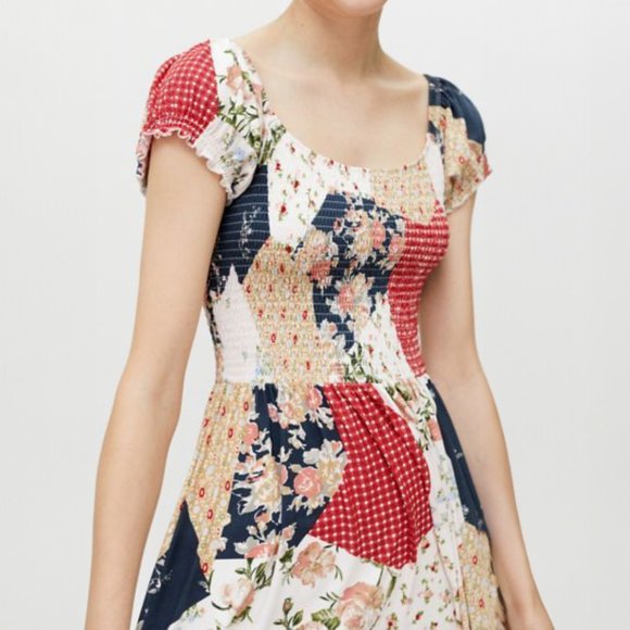 Urban Outfitters Patchwork Floral Midi Dress - Red, Blue, Cream - Picture 1 of 6